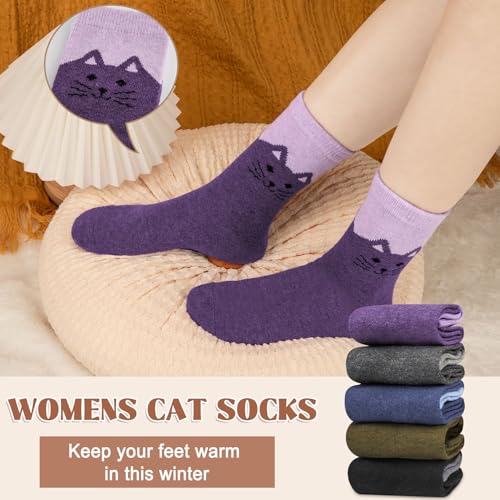 Justay 5 Pairs Wool Socks for Women, Winter Warm Cute Cat Crew