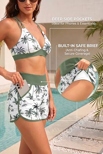 3 Piece Women's Tankini Swimsuit with Tummy Control & Pockets