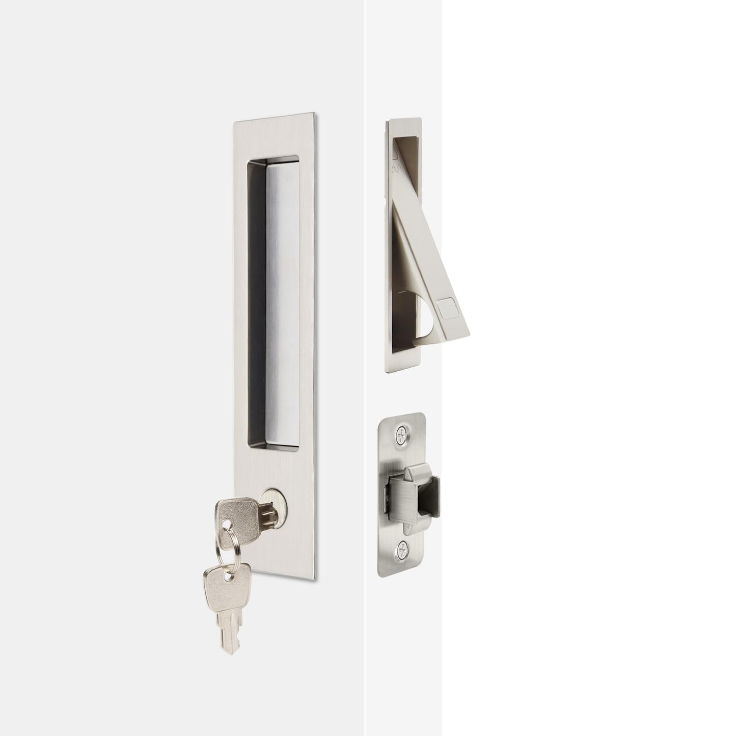 Dontay 2 Pack Pocket Door Handle with Lock and Edge Pull, Narrow Modern Rectangular Keyed Entry Function, Recessed Sliding Door Hardware for 1 3/8” to 2 3/16” Thickness Door (2, Brushed Nickel)