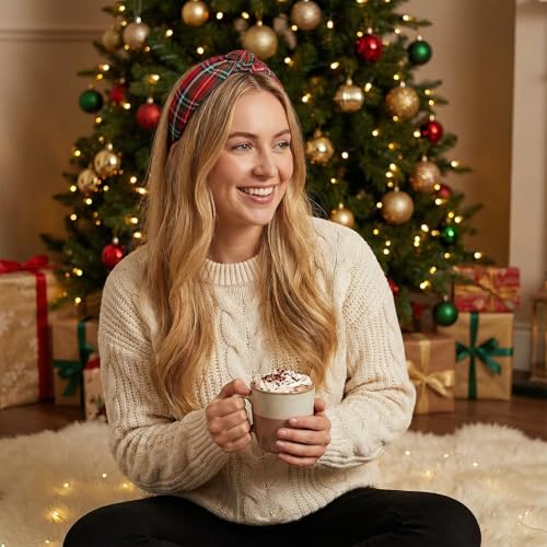 Red Plaid Knotted Christmas Headband for Women - Holiday Hair Accessory