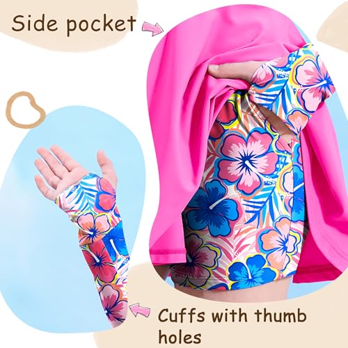 HOZIY Girls Long Sleeve Swimsuit Two Piece Rash Guard Dress with Swim Shorts - Fuchsia Floral, 11-12 Years, UPF 50+