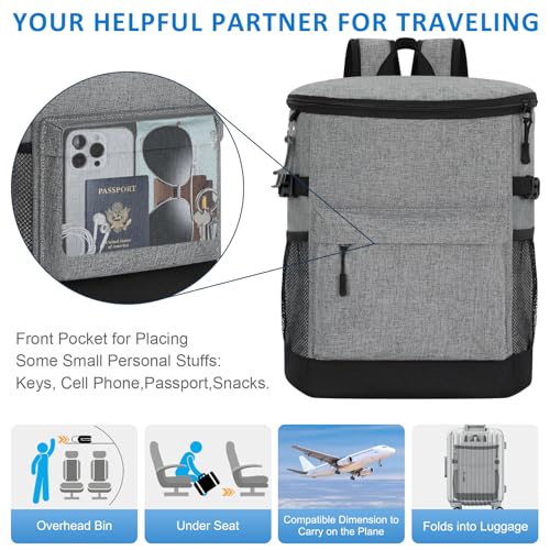 Tenot Light Grey Cooler Backpack 33 Cans Insulated Leakproof Portable Bag