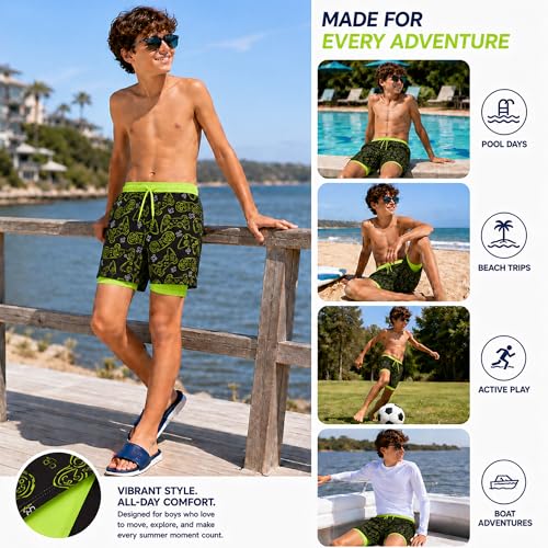 Boys Board Shorts Swim Trunks with Compression Liner - Black Lime Gaming