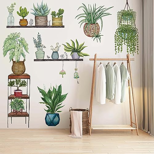 Green Plants Potted Wall Decals Tropical Plants Green Leaves Wall Stickers, DIY Vinyl Nature Wallpaper, for Living Room Background Wall Decoration Kids Bedroom Kitchen Office Girl Room