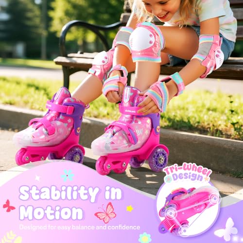 ZOOBLISS Butterfly Pink Kids Adjustable Light-Up Roller Skates (S-small, 11c-1y US) 4 Sizes