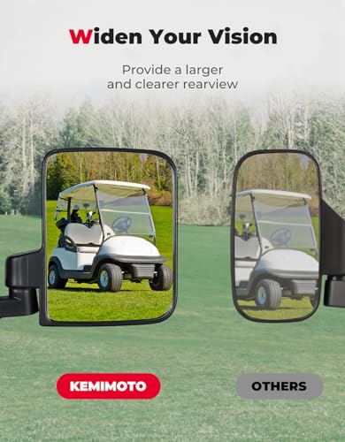 KEMIMOTO No Drilling Golf Cart Side Mirrors - Universal Rear View, Large 7.1x5.3 Inch, Adjustable & Vibration-Free