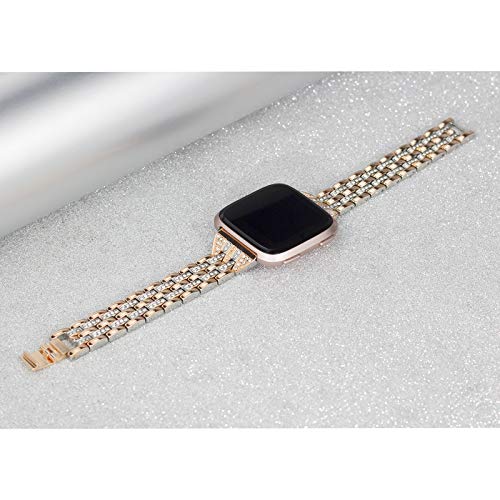Mtozon Rhinestone Metal Replacement Band for Fitbit Versa 2/Versa Lite, Copper Gold with Silver
