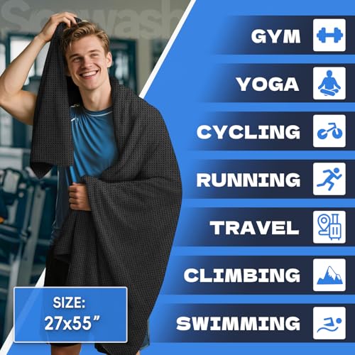 Microfiber Gym Towel - Quick Dry, Lightweight, 27x55 inches - Black