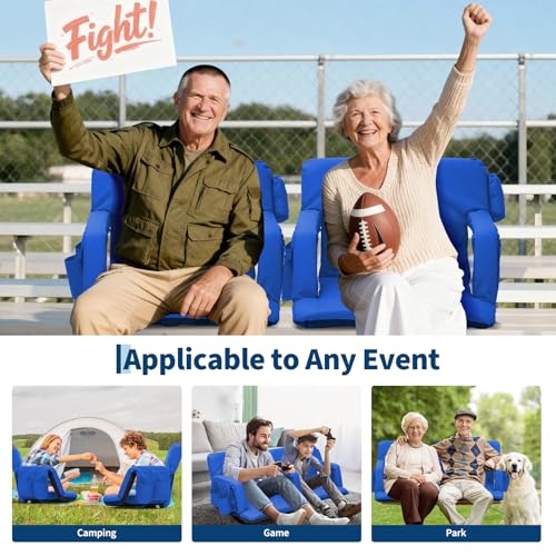 20 Inch Stadium Seats - 2 Pack Bleacher Chairs with Back Support, Armrests & Storage - Blue