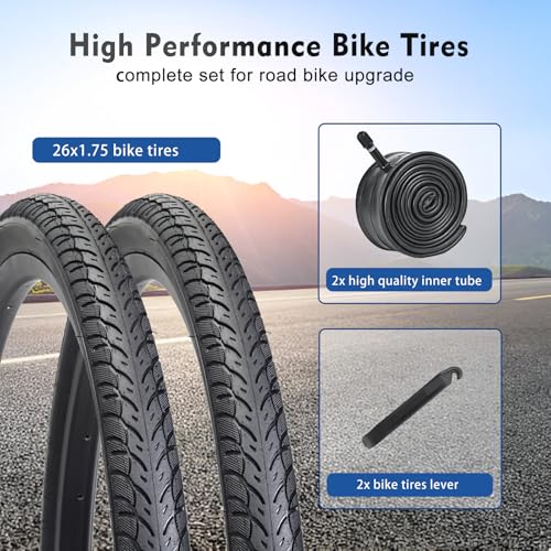HUIOK 26x1.75 Bike Tires 2Pcs with Tubes & Levers - Black 26 Inch Replacement Kit