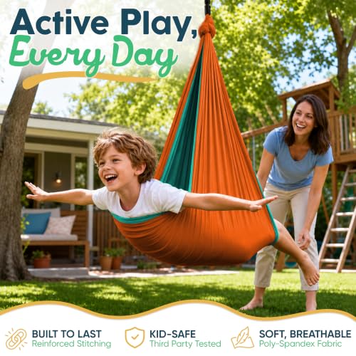 VISSE Sensory Swing for Kids Orange/Teal Indoor Outdoor Calming Cocoon Therapy Hammock
