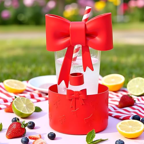 Bow Shape Straw Cover & Silicone Boot Sleeve Set - Red