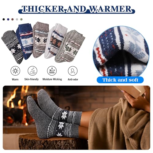 Merino Wool Hiking Socks - Thermal Warm Crew, 5 Pairs - Multicolor
