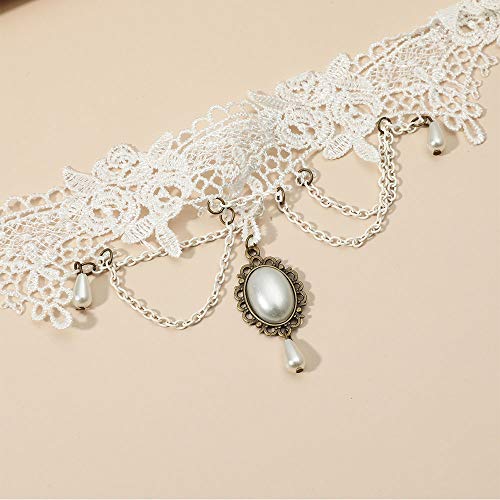 Romantic White Lace Pearl Pendant Necklace with Tassels - Bridal Jewelry