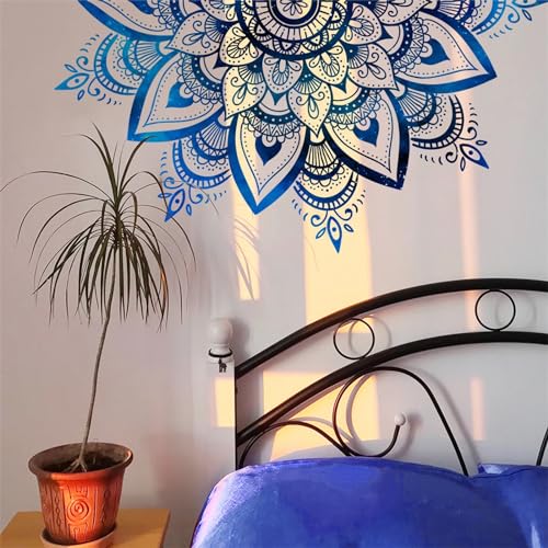 Sacred Blue Half Mandala Wall Stickers, sacinora Lotus Mandala Indian Namaste Flower Wall Decals Datura Stramonium Removable Vinyl Peel and Stick for Living Room Bedroom Sofa TV Background Art Decor