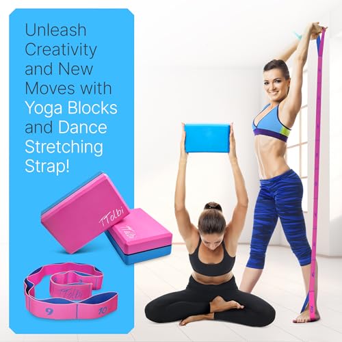 Yoga Blocks 2 Pack with Strap - Non-Slip EVA Foam - Pink/Blue & Stretch Band