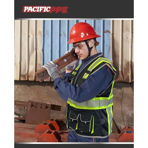 PACIFIC 10 Pockets Class 1 Safety Vest for Men, 3M High Visibility Reflective Strips, Meets ANSI/ISEA Standard, Black, X-Large