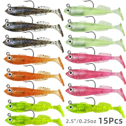 15Pcs Pre-Rigged Soft Mini Fishing Lures - 2.5" Paddle Tail Jigs
