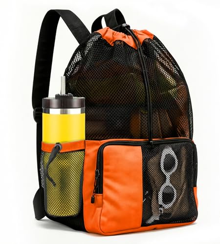 RUENVUE Orange Mesh Swim Bag Drawstring Backpack for Swimmers & Beach, Summer Essentials