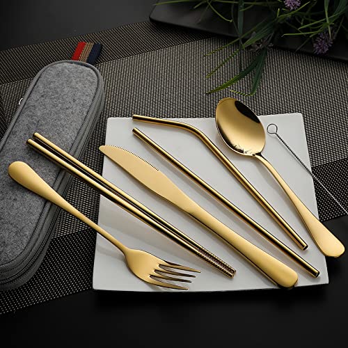 Gold Camping Utensils Set - Full-Size Travel Silverware Kit