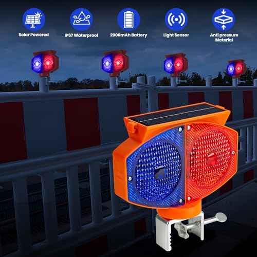 Solar Strobe Warning Light, 3 Working Modes Double Side Red Blue Flash Traffic Lights Wireless Rechargeable Waterproof Safety Barricade Warning Lights for Road Construction (Iron Clamp)