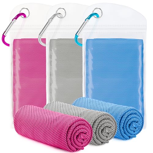 Cooling Towel 3 Pack - Instant Relief Neck Wraps (40"x12") - Magenta/Gray/Light Blue