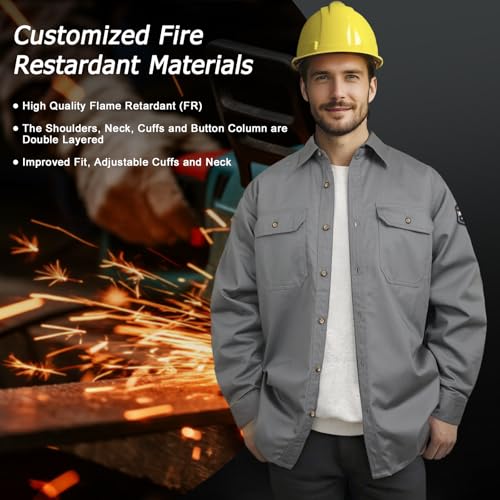 Men's 7.5oz FR Shirts, 100% C Flame Resistant Welding Jacket, Fire Retardant Clothing, Durable Accessories, Meets NFPA2112, Grey-ZRND L