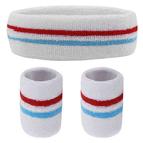 Striped Sweatband Set - Headband & 2 Wristbands - White Red White Blue