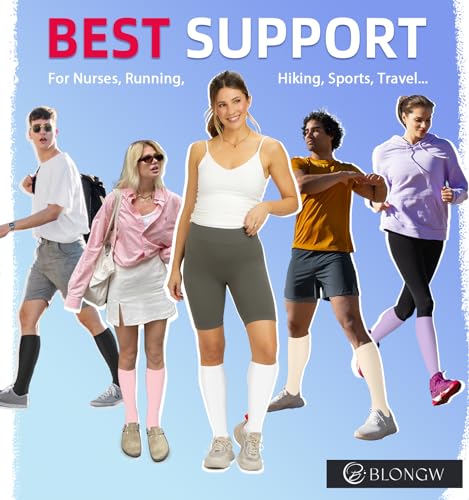BLONGW 15-20 mmHg Compression Socks (4 Pairs) for Men & Women – Black/Gray/Pink/Nude, Large-X-Large