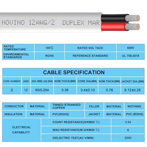 NOVINO 50ft Marine Grade 12/2 Duplex Tinned Copper Wire - Heavy-Duty Marine & Outdoor Wiring