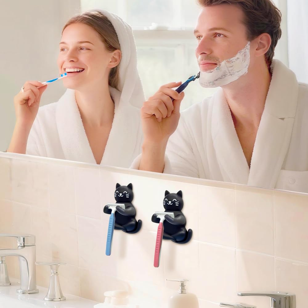 Mhfpl Cute Cat Waterproof Self-Adhesive Shower Hook Set, Funny Black Cat Razor Holder Bathroom Accessories for Men Women Cat Lover, Cat Lover Gifts for Women Men, Black Cat Bathroom Decor