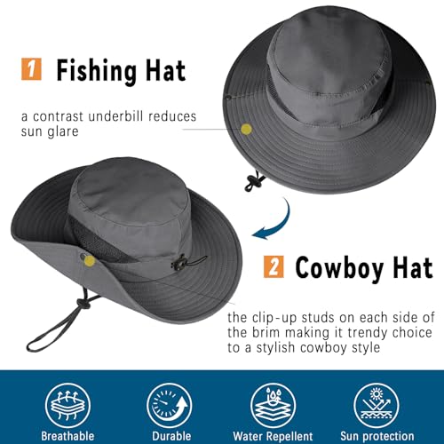 ZOORON 2-Pack Men's & Women's Wide Brim Sun Hats UPF50+ Waterproof Boonie - Light & Dark Gray, 6 3/4-6 7/8