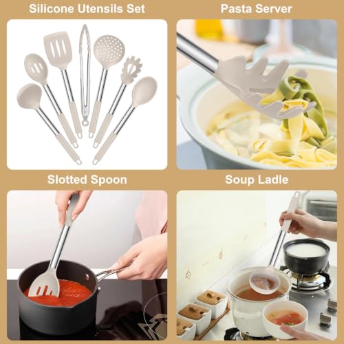 E-far 7-Piece Silicone Cooking Utensil Set Khaki Food-Grade Heat-Resistant Kitchen Tools