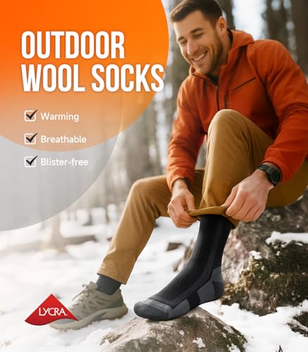 PULIOU Merino Wool Hiking Socks 3 Pairs Large Black - Breathable, Seamless Toe, Arch Support