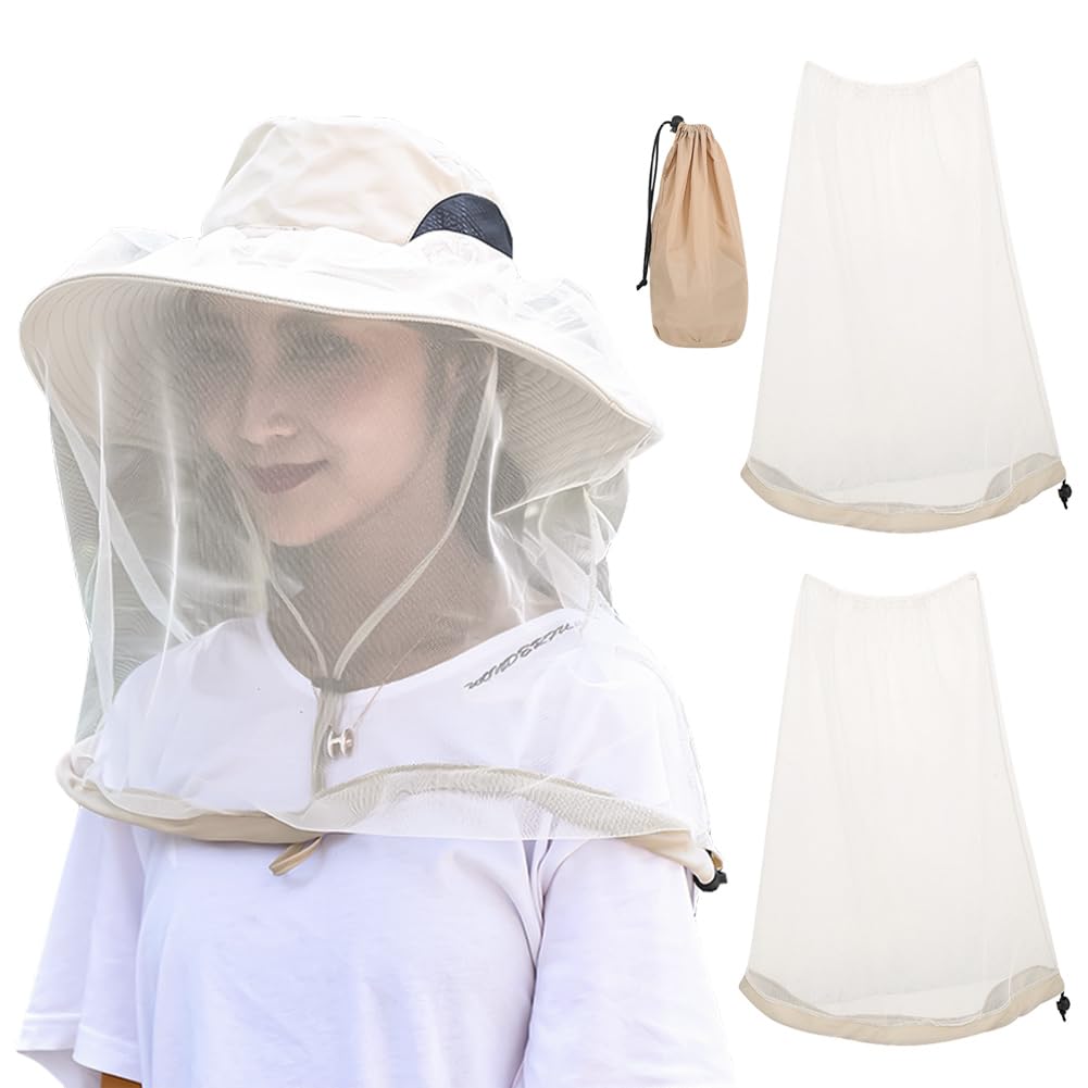 Sireck 2 Pack Premium Mosquito Head Net for Insect & Fly Protection, Extra-Fine Holes Bug Netting Face Neck Shield for Camping, Hiking, Fishing, Fits All Hats for Men & Women (Khaki)