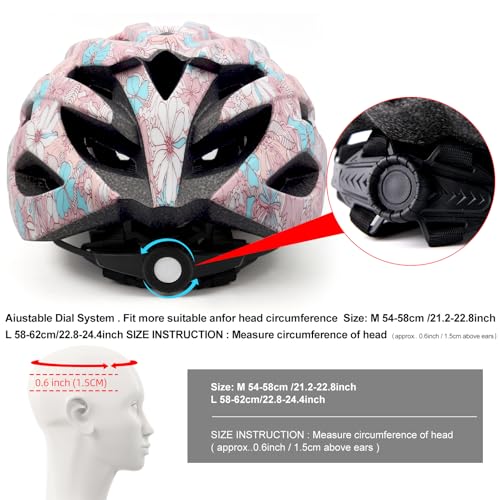 Adjustable Bicycle Helmet for Adults - Lightweight Pink Flower, L: 58-62cm