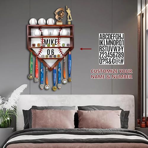 Walnut Baseball Display Case - Wall-Mounted Shelf for 10 Balls, 13 Rings & 8 Medals (Montex)