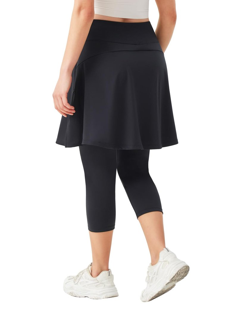 BELEROY Skirted Leggings for Women,Knee Length Leggings with Skirt Tennis Golf Athletic Skirt Legging with Zipper Pockets（Black,L）