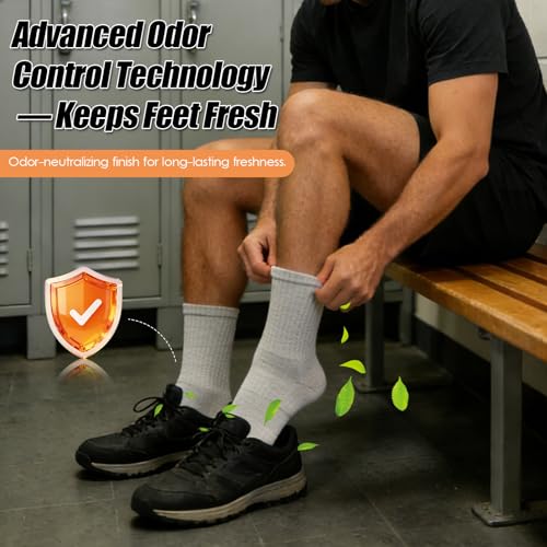 RienQuUne Men's Grey Cushioned Crew Socks 9-14 | Comfort Cotton Odor Control