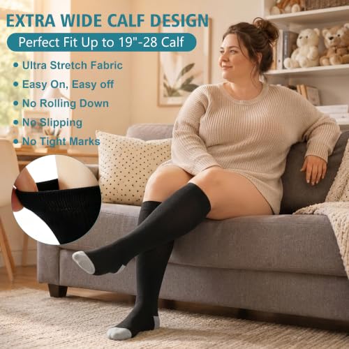 Double Couple 3/4 Pairs Wide Calf Compression Socks Men Women 20-30 mmHg XX-Large Black