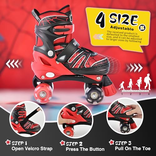 Adjustable Kids Roller Skates with Light-Up Wheels - Spider Red