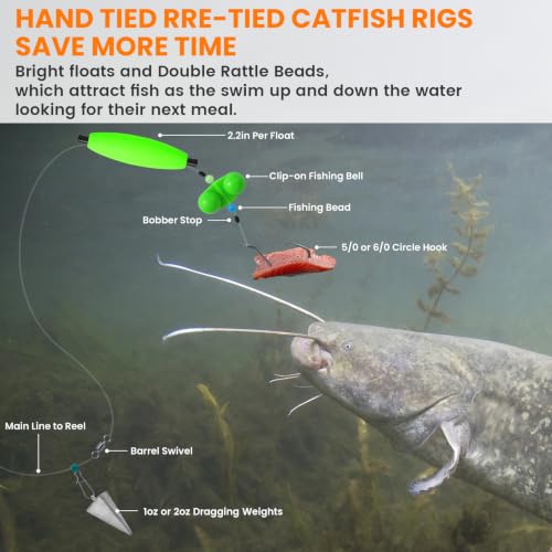 Kaleodam 6/0 Circle Hooks Catfish Rig with Floats and Weights, 6PCS Multi-Color