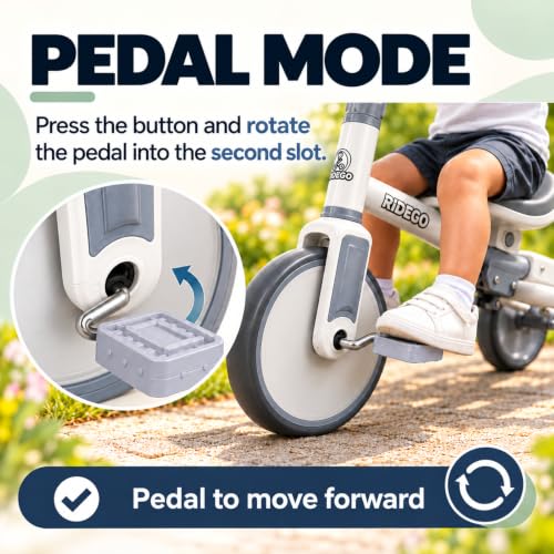 Ridego 5-in-1 Toddler Tricycle with Parent Push Handle, Gray