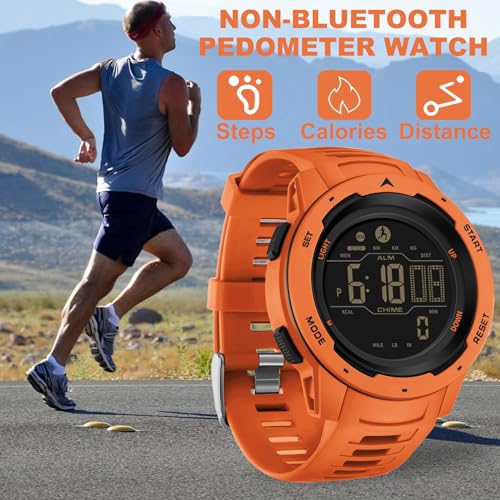 Men's Digital Sports Watch - Waterproof Pedometer with Stopwatch & Alarm - Orange