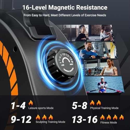 Magnetic Rowing Machine for Home Gym - 350 LBS Capacity, Dual Slide Rail, 16 Levels Resistance, App Supported - Orange Black