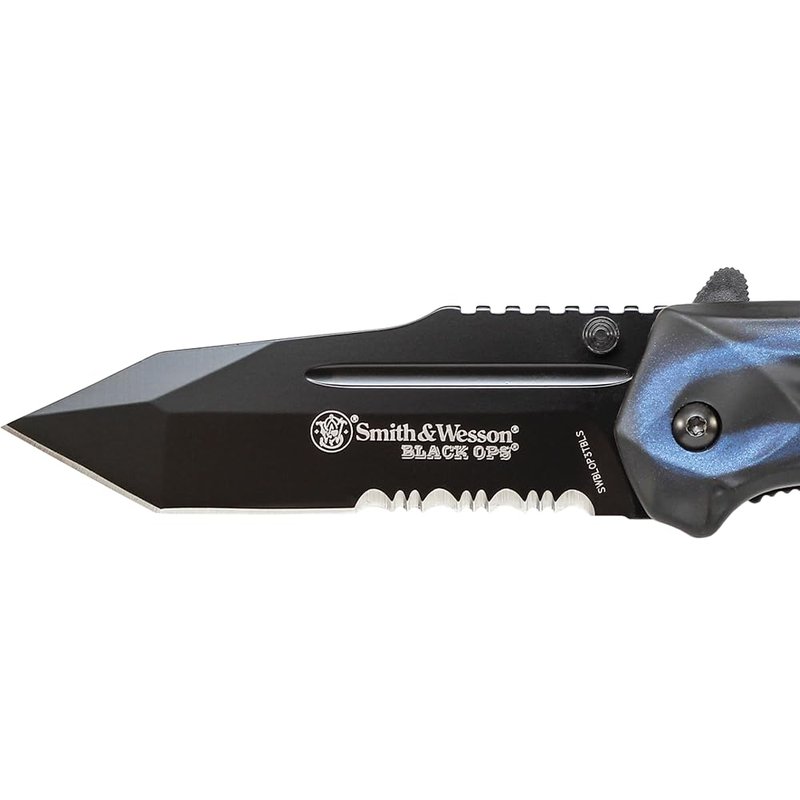 Smith & Wesson Black Ops SWBLOP3TBLS 7.7in S.S. Assisted Opening Knife with 3.4in Serrated Tanto Blade and Aluminum Handle for Tactical, Survival and EDC