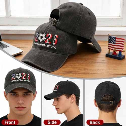 Okbycuyck Black Soccer Hat 2026 USA, CAN, MEX Fan Baseball Cap - Embroidered