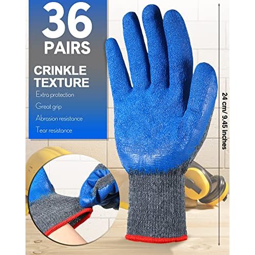 Haysandy 36 Pairs Large Rubber Latex Double Coated Gloves Blue Latex Rubber Hand Coated Safety Work Gloves for Construction Gardening for Men