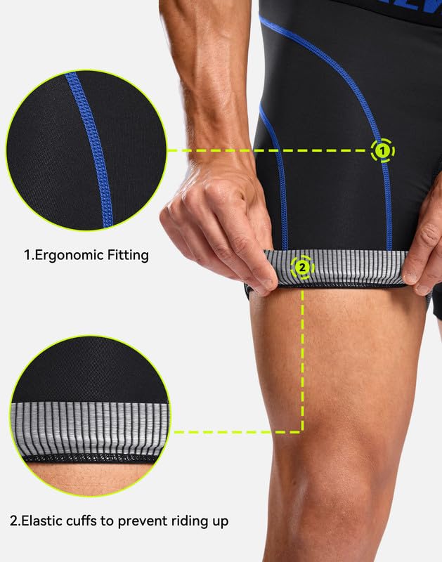 Men's Cycling Underwear with Anti-Slip Leg Grips & 4D Padding - Large Black/Blue