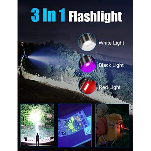 UV Rechargeable Flashlights Tactical,1000 High Lumens 3 in 1 LED Black Light Flashlight -Magnetic Base/Sidelight/Zoomable, Bright Pocket Flash Light for Stains Detection Camping Emergency,2PCS